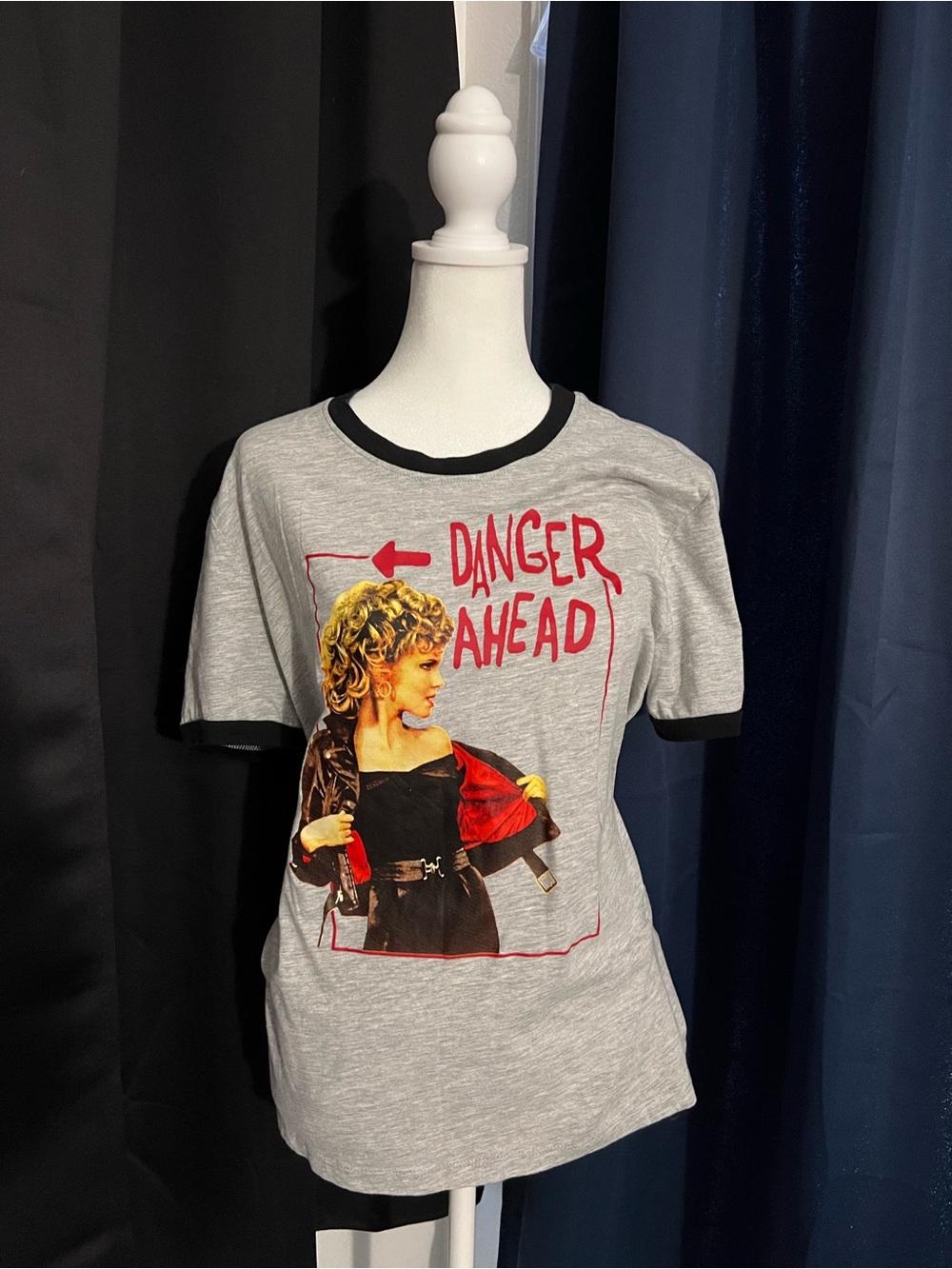 Grease “Danger Ahead” Sandy Graphic Ringer Tee Size M Retro Movie Shirt